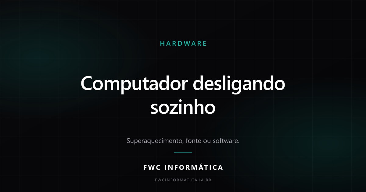 Arte de capa do artigo sobre computador que desliga sozinho, nas cores da FWC Informática.