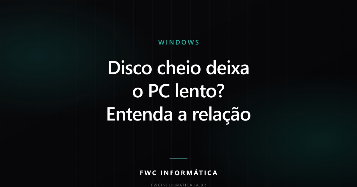 Cartão editorial do artigo com o título Disco cheio deixa o PC lento? Entenda a relação, na identidade da FWC Informática.