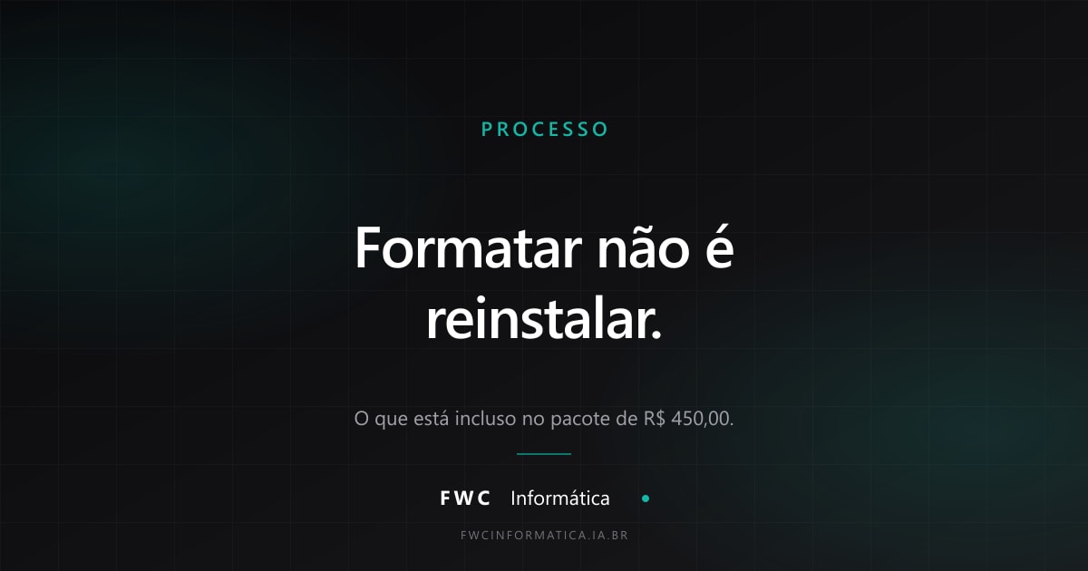 FWC Informática — Processo: formatar não é reinstalar. O que está incluso no pacote de R$ 450,00.
