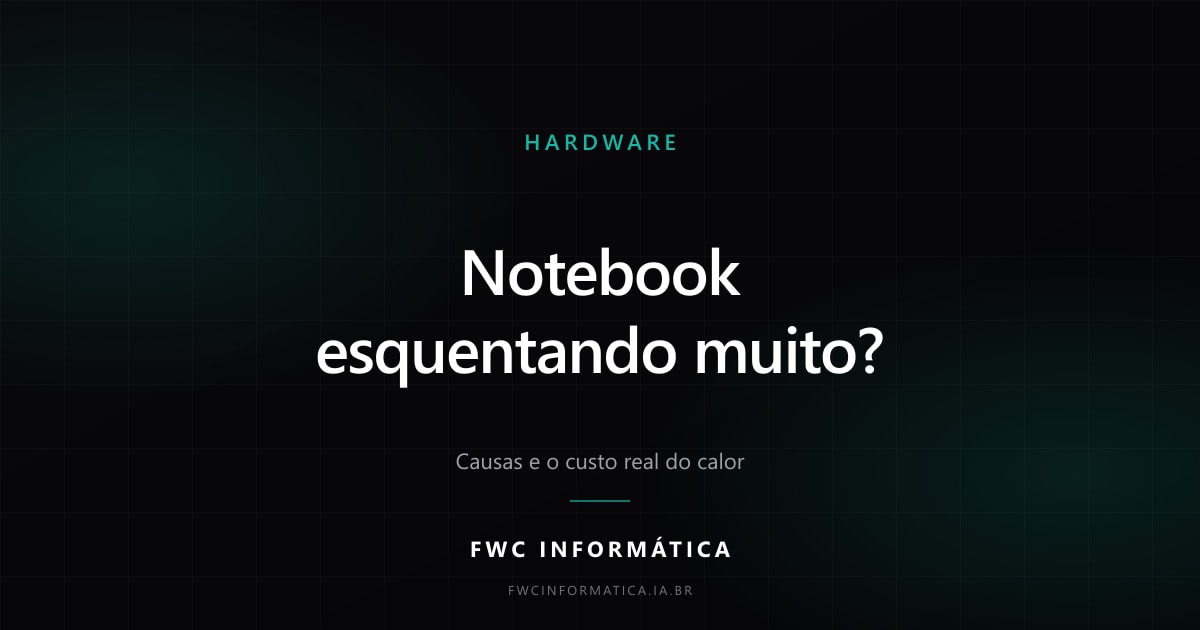 Card editorial da FWC Informática com o título "Notebook esquentando muito?" sobre fundo escuro com detalhe em verde-azulado.