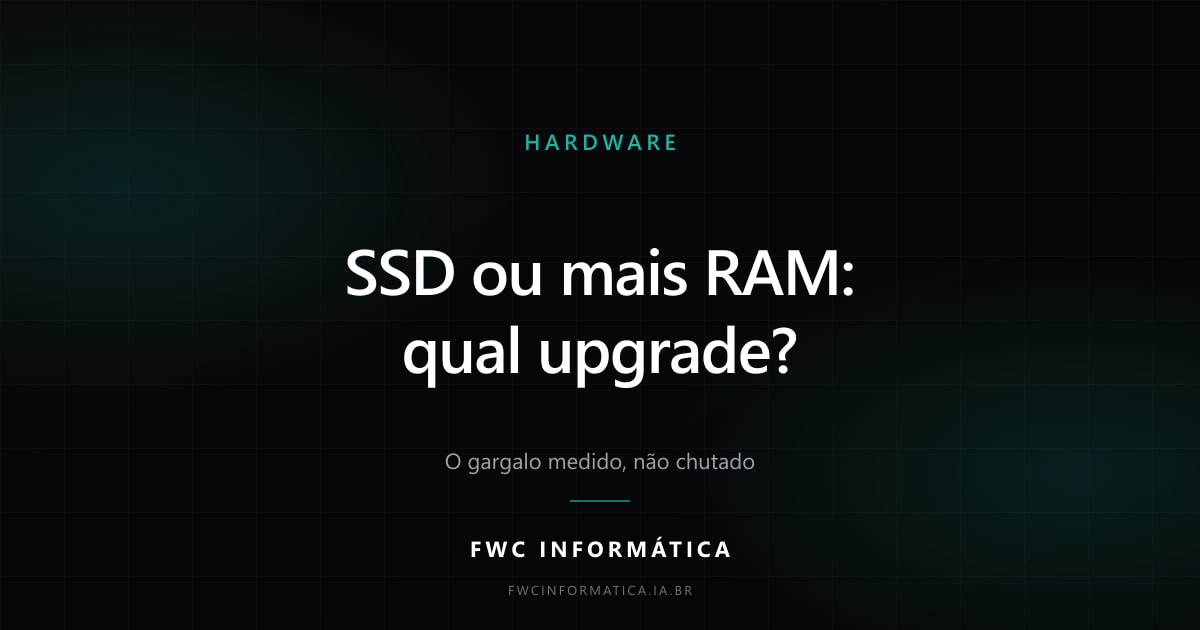 Card editorial da FWC Informática com o título "SSD ou mais RAM: qual upgrade?" sobre fundo escuro com detalhe em verde-azulado.